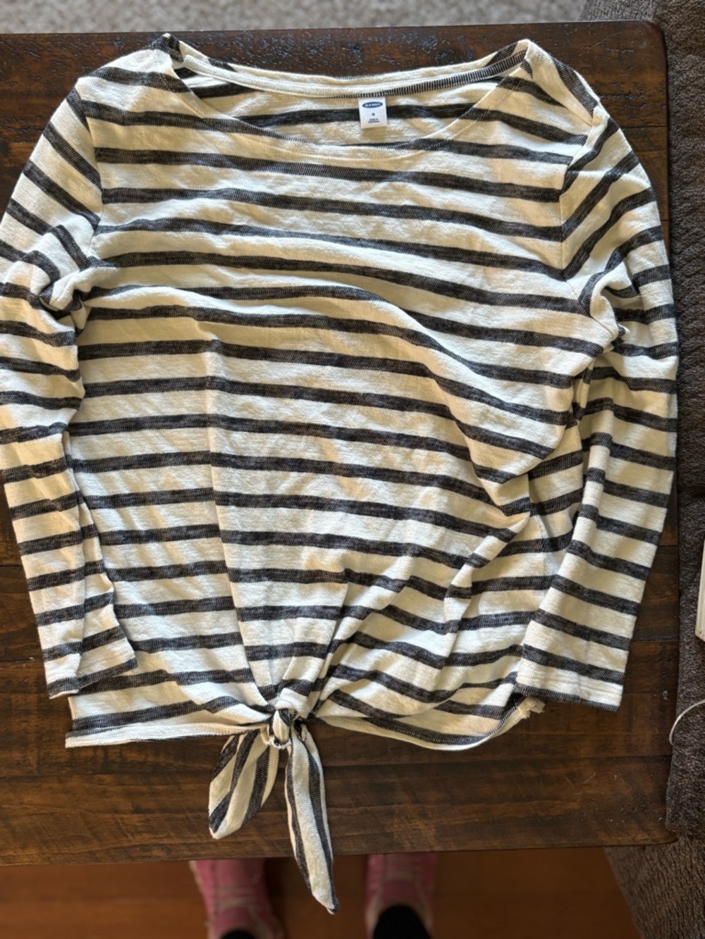 Old Navy Cream and Black Striped Tie-Front Long Sleeve Top